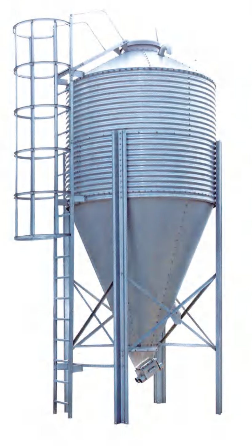 Galvanized pig feed silo with ladder and support structure